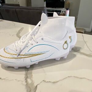Kids White and Gold Soccer Cleats